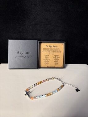 NIB Btysun "To My Mom" Cross Charm Multi-Stone Bracelet 9"